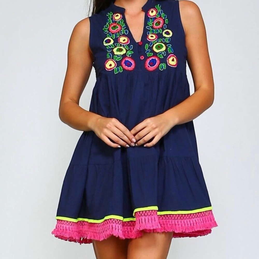 NWT Velzera Beaded And Fringe Bohemian
Mini Dress In Blue